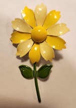 Flower Power Brooch Pin Bright Yellow Flower Green Stem 3 1/4 inch Tall Vintage - £17.56 GBP