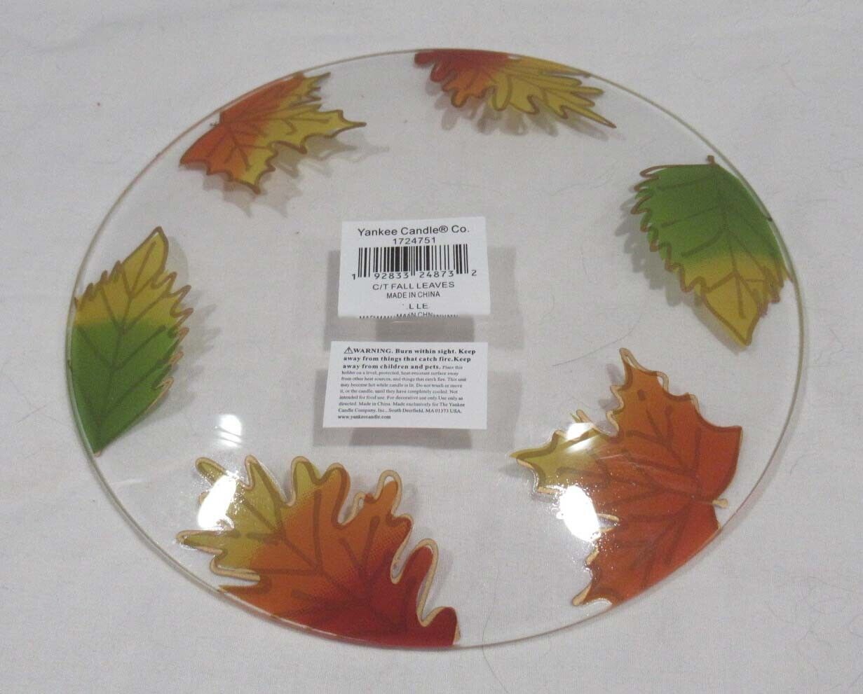 Yankee Jar Candle Tray Holder C/T FALL LEAVES clear glass oranges greens gold - $26.14
