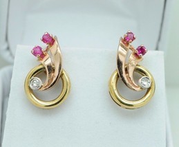 Art Nouveau (ca. 1935) 14K Yellow Gold and Rose Gold Ruby and Diamond Ea... - $565.00