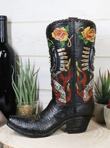 Western Bull Skull Roses Six Shooters And Fire Cowboy Boot Vase Planter ... - £25.05 GBP