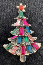 Rhinestone Christmas Tree Brooch Pink Green Blue Retro Holiday Pin - $17.81