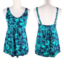 LL Bean Soft Drape Tankini Top 12 Blue Green Floral Adjustable UPF 50+ - $29.69