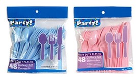 Baby Blue &amp; Light Pink Heavy Duty Plastic Cutlery Sets - 16 Spoons, 16 F... - £5.97 GBP