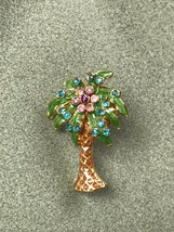 Estate Small Green &amp; Brown Enamel Palm Tree w Rhinestone Accents Lapel or Hat - £8.88 GBP