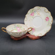 Antique c.1915 Coronet Limoges Gold Paint Scrolls Pink Roses Bouillon Cu... - $19.79