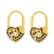 FA Multicolor Crystal Padlock Earrings For Women Small Heart Lock Hoop Earrings  - £8.63 GBP