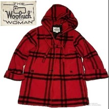 Woolrich Jacket VTG 80s Womens Red Black Plaid Blanket Hooded Long Coat L USA - £55.65 GBP