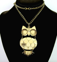 Articulated OWL NECKLACE Vintage Cream Enamel Big Pendant Goldtone 24&quot; Off White - £10.22 GBP