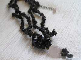 Estate Faux Black Stone Nugget Double strand with Light Pink Dangle Pendant - £3.58 GBP