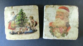 Pair Christmas Coasters Tiles Santa Tree Children Vintage Looking - $9.46