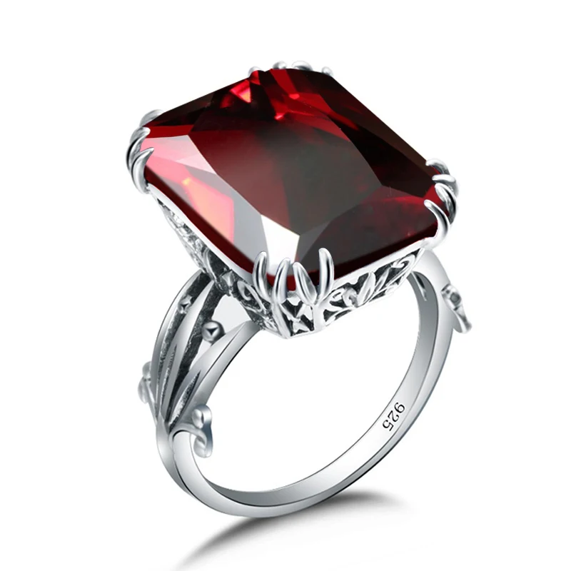Real 925 Sterling Silver Ring Women Vintage Rectangle Sapphire Stone Anel Bijoux - £42.09 GBP