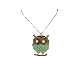 Owl Pendant Necklace Mint Green Enamel Body Black Eyes 20&quot; Large Gold Tone  - £11.60 GBP