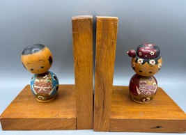 Vintage Kokeshi Doll Bookends Handcrafted Wood Painted Design Japan Bobb... - $556.04 MXN