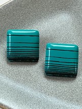 Vintage Teal Green w Black Stripes Large Plastic Square Post Earrings for Pierce - £9.02 GBP