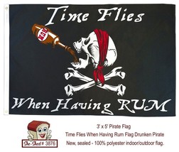 Time Flies When Having Rum Flag Drunken Pirate Skull &amp; Crossbones Flag -... - £7.77 GBP
