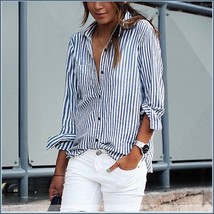 Causual Blue Stripe Cotton Shirt Button Down Long Cuff Sleeve Turn Down Collar 
