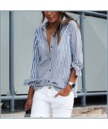 Causual Blue Stripe Cotton Shirt Button Down Long Cuff Sleeve Turn Down Collar  - £49.79 GBP