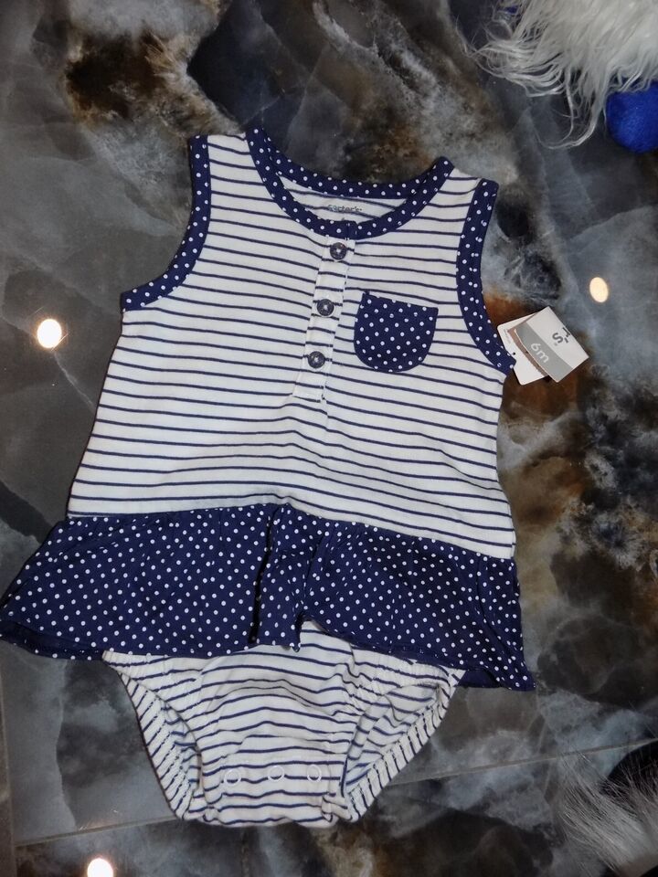 CARTER&#39;S WHITE POLKA DOT &amp; BLUE STRIPED ONE PIECE SIZE 6 MONTHS NWD - $10.92