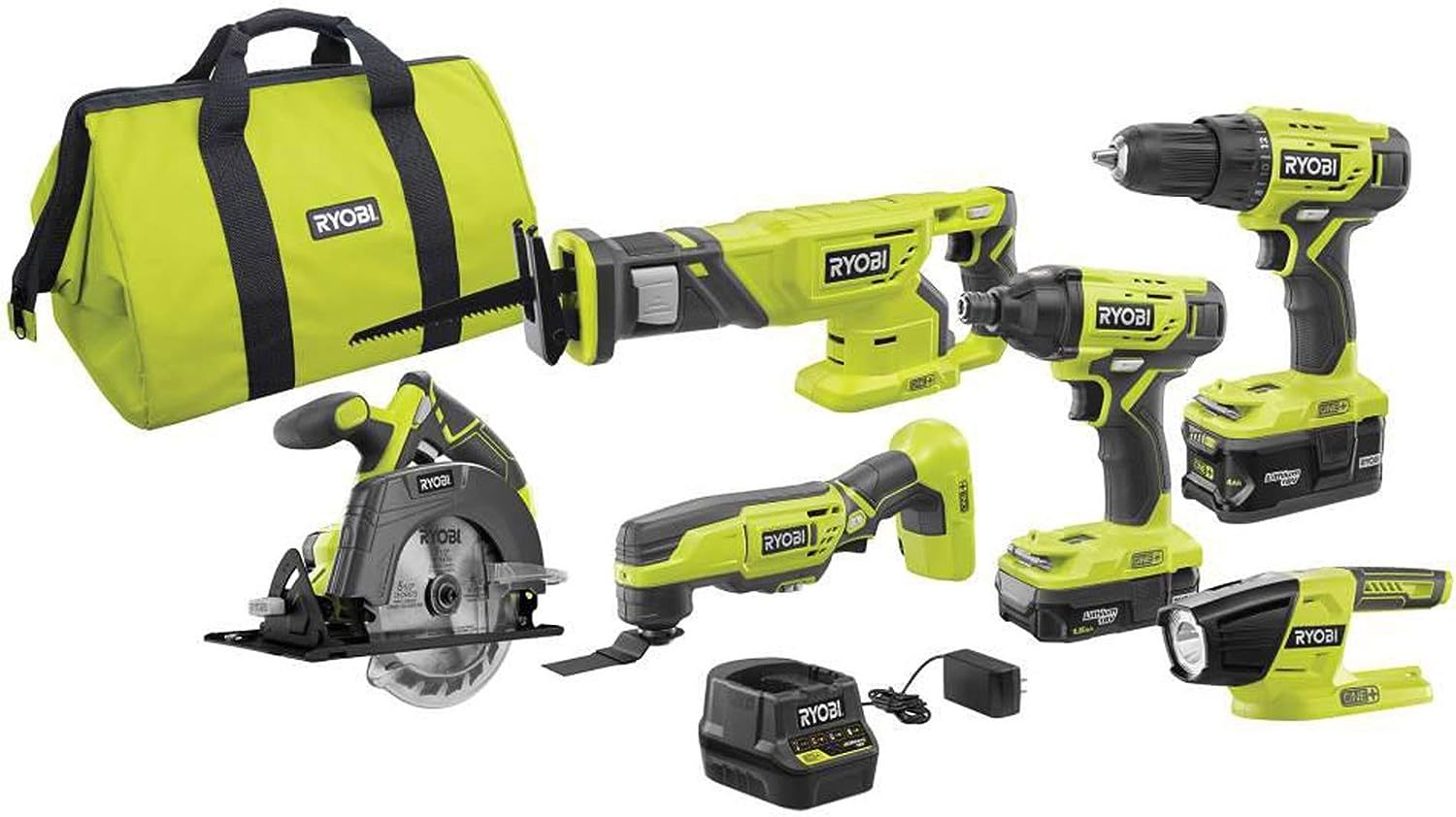 Primary image for Ryobi P1819 18V One Lithium Ion Combo Kit (6 Tools) Includes A, And Bag.