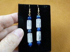 (EE480-a) Pink Rose quartz + blue lapis bead gemstone gold tone dangle earrings - £14.23 GBP