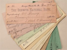 Lot 1892-1914 Antique Berwyn Pa National Bank Used 12 Checks Downing - £37.19 GBP