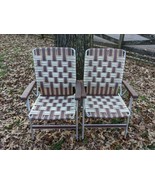 Pair 2 Matching Vintage Aluminum Brown White Webbed Folding Beach Lawn C... - $112.19