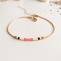Gold white black fuchsia miyuki strands bracelet for woman,extra thin delicate m - $33.95