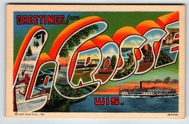 Greetings From La Crosse Wisconsin Large Letter Postcard Curt Teich Steam Boat - £9.20 GBP