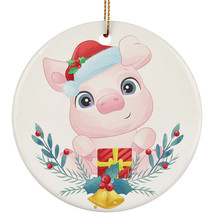 Cute Baby Pig With Chirtmas Gift Round Ornament Xmas Decor For Animal Lover - £11.90 GBP
