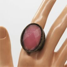 Vintage antiqued finish gold tone pink lucite stone elastic ring - $12.00