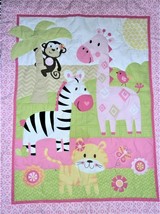 Garanimals Pink Giraffe Monkey Tiger Bird Sun Palm Tree Zebra Quilt Blanket - £19.77 GBP