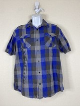 Helix Men Size L Gray/Blue Check Button Up Shirt Short Sleeve Pocket Modern - £5.64 GBP
