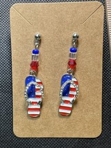 Flip Flops Patriotic Rhinestones Beaded Dangle Pierced Earrings New - £7.94 GBP