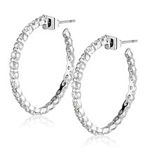 Round Pave Cubic Zirconia Hoop Rhodium Plated Butterfly Back Earrings 25mm - £61.67 GBP