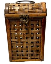 Vintage Decorative Bamboo 2 Bottle Wine Carrier W Hinge Lid And Handle 14x8 Inch - £30.28 GBP