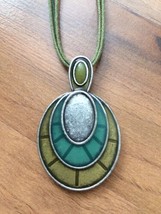 Lia Sophia triple green cord green and olive pendant Stained Glass signed 15 in - $30.91