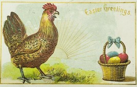 Easter Greetings Chicken Watching Colored Easter Egg Basket Early 1900s Postcard - £4.78 GBP