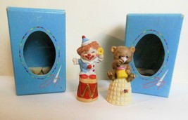 Set of 2 Bisque Thimbles Enesco Teddy Bear and Clown Original Boxes - $14.85