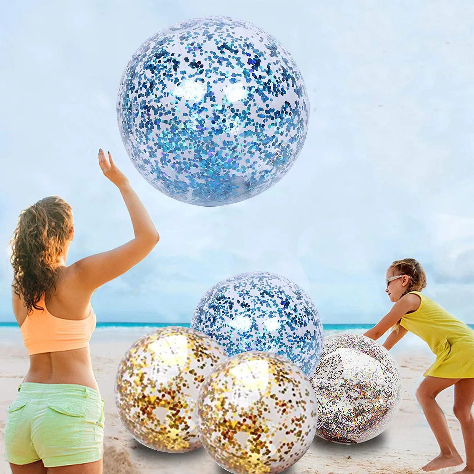 Inflatable Glitter Beach Ball Summer Water Ball Sequin Beach Balls for Summer - £9.42 GBP+