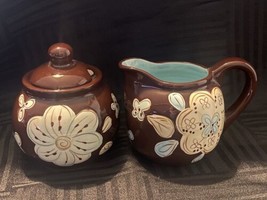 Pier 1 Imports Cassidy creamer and lidded sugar bowl set brown and blue floral - £17.58 GBP