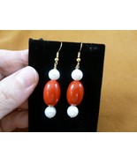 EE473-88) Red + white Mother of pearl gemstone beaded dangle gold wire e... - €19,82 EUR