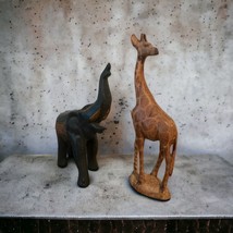 Painted Wood Giraffe &amp; Elephant w/Trunk Up for Good Luck Figurine Statue African - £14.34 GBP
