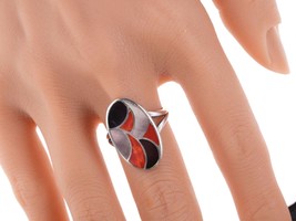 sz8.25 Vintage Zuni Sterling - Coral, shell, and jet ring - £67.18 GBP