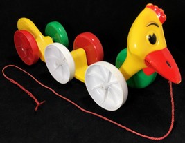 Kusan Vintage Child&#39;s Plastic Pull Toy Rooster Chicken On Wheels 1960s Yellow - £31.95 GBP