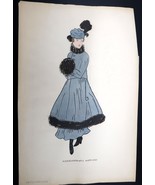 Antique Fashion Design Hand Colored Illustration Art Signed Annie Horton - $70.15 CAD