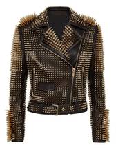 Golden Studded Leather Jacket, Women Gold Spiked Leather Jacket,Women SteamPunk - £315.24 GBP