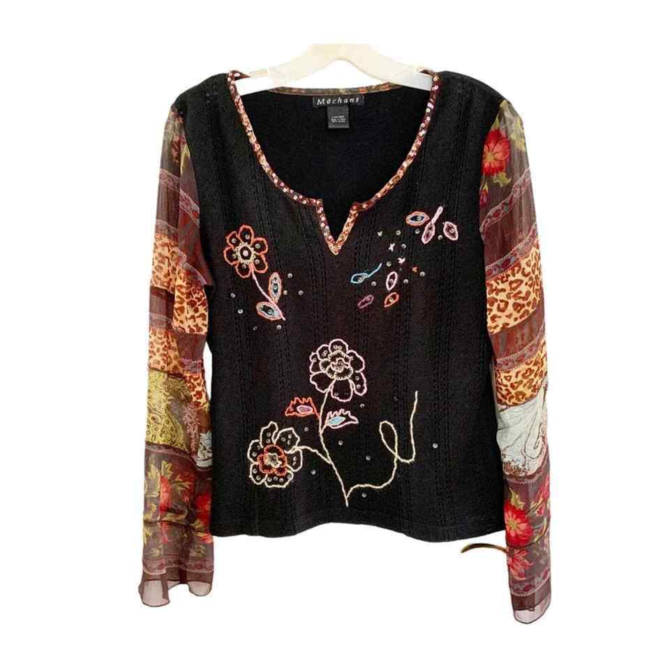 Primary image for Mechant Black Embroidered Sweater With Sheer Organza Multiprint Sleeves Y2K
