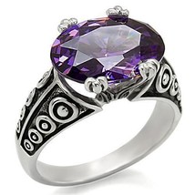 TK017 Stainless Steel Amethyst CZ Ring, High Polished, Sterling Silver - $26.99