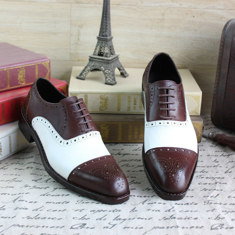 Men's Oxford Maroon White Cont Full Brogue Cap Toe Genuine Leather Shoes US 7-16