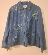 Denim Floral Embroidered Button Down Shirt Jacket Vintage Tantrums Women... - $12.36